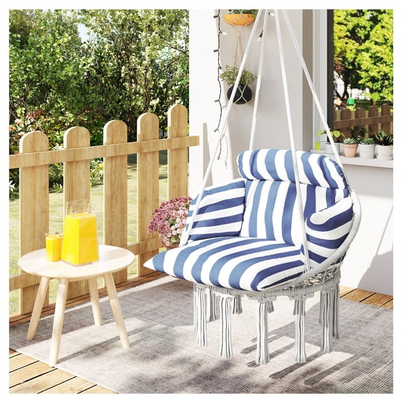 Hammock Swing Chair, Macrame Hanging Chair with Cushion, Steel Frame, Indoor Outdoor, Blue White