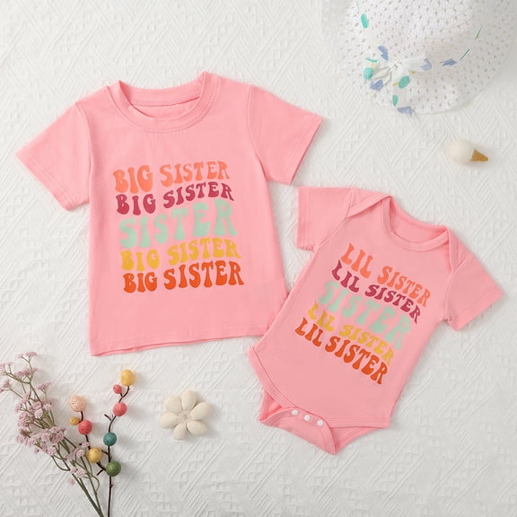 Uccdo Big Sister Little Sister Matching Outfits Toddler Girls Cotton T-shirt Tops Newborn Baby Romper 1Pcs