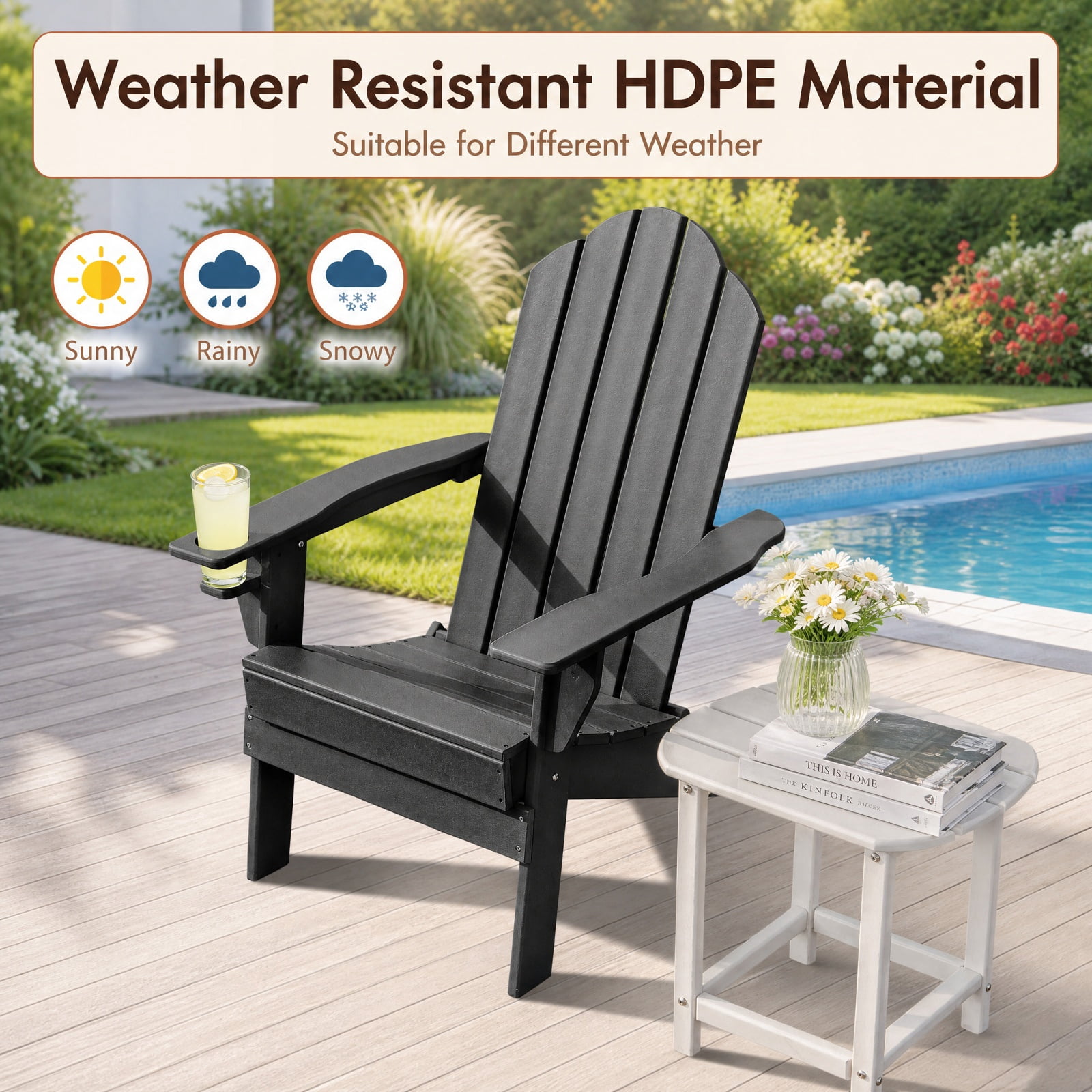 Furnibear Foldable Weather Resistant Adirondack Patio Chair with Built-In Cup Holder and Wide Armrests for Porch Backyard and Poolside, Black