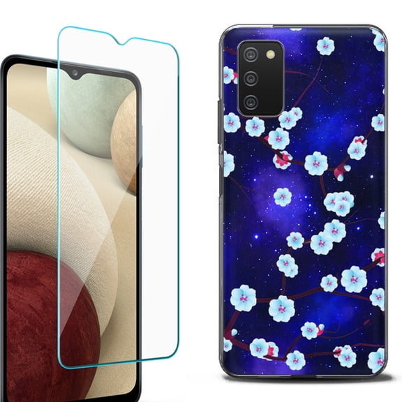 Slim-Fit Protective Fashion Phone Case (Black) for Samsung Galaxy A03s, with Tempered Glass Screen Protector, by OneToughShield ® - Blossom Stars