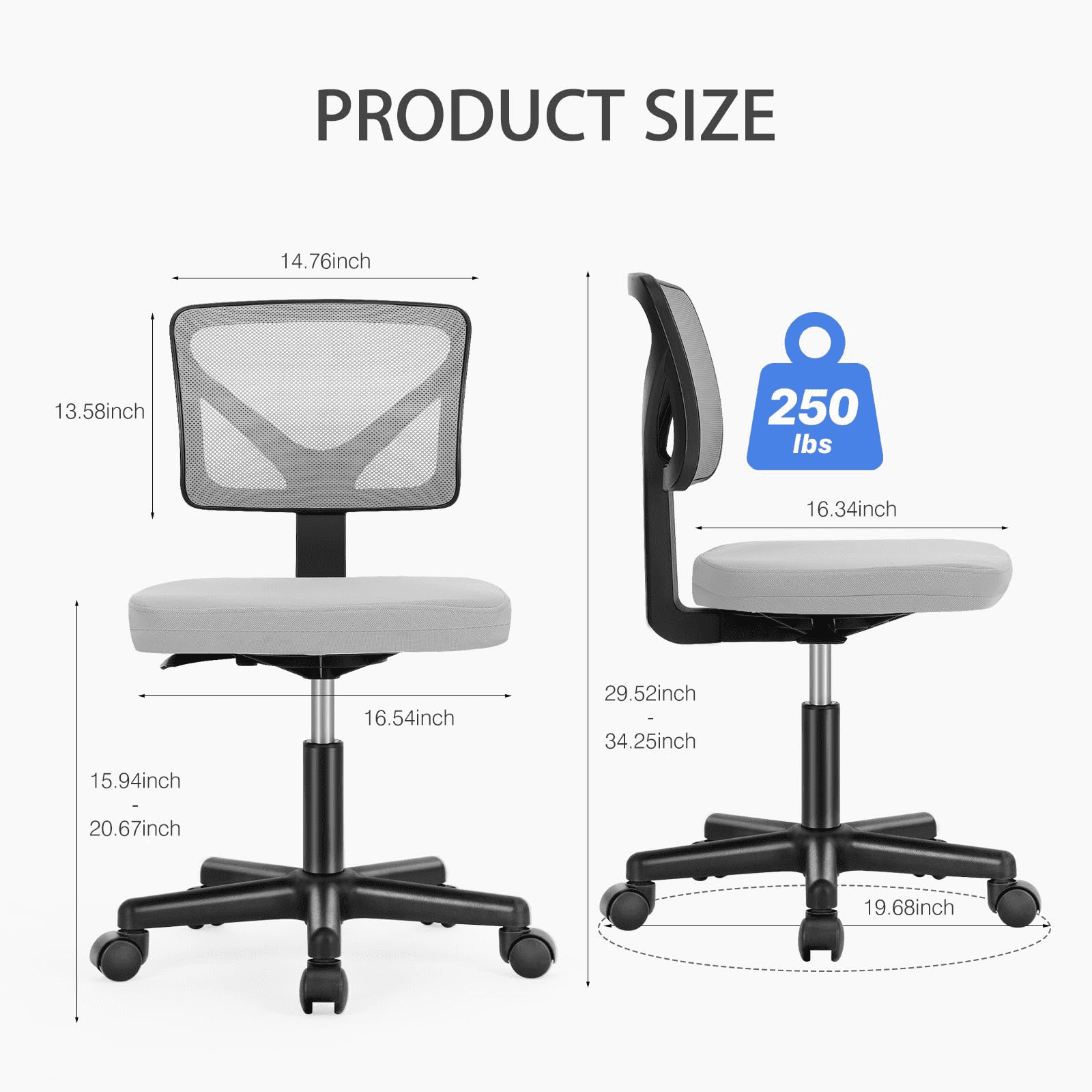 Kelno Small Desk Chair with Wheels Armless Low-Back Office Chair Ergonomic Adjustable Computer Desk Chair with Lumbar Support,Gray