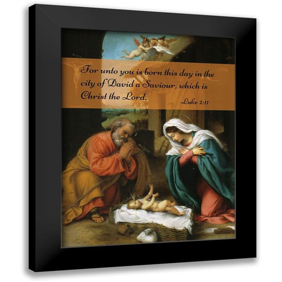 ArtsyQuotes 12x14 Black Modern Framed Museum Art Print Titled - Bible Verse Quote Luke 2:11, Lorenzo Lotto - Nativity of Christ
