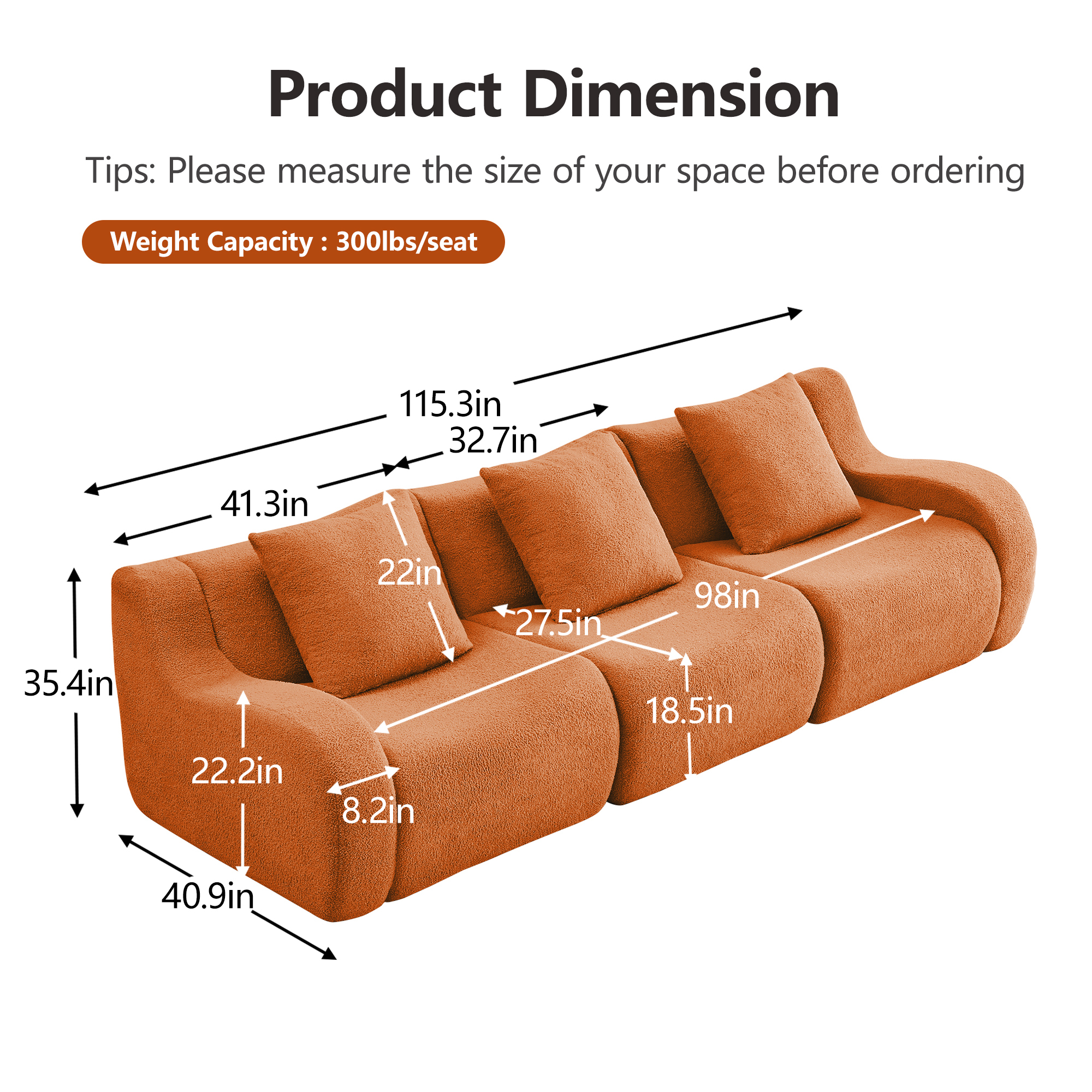 Alvantor Sectional Sofa 115" W 3-Seater Teddy Boneless Couch Modern Deep Seat Cloud Sofa for Living Room Orange