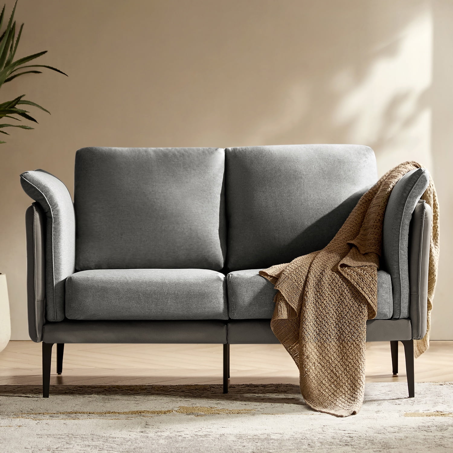 Modern Loveseat with Metal Legs Curved Arms Linen Leather Fabric Sofa for Living Room Grey