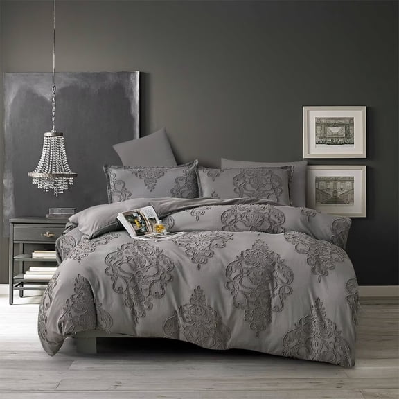 Regal Floral Pattern Duvet Cover with 2 Pillowcases Baroque-Inspired Jacquard Bedding Set for a Luxurious Bedroom, Charcoal Gray Twin Size