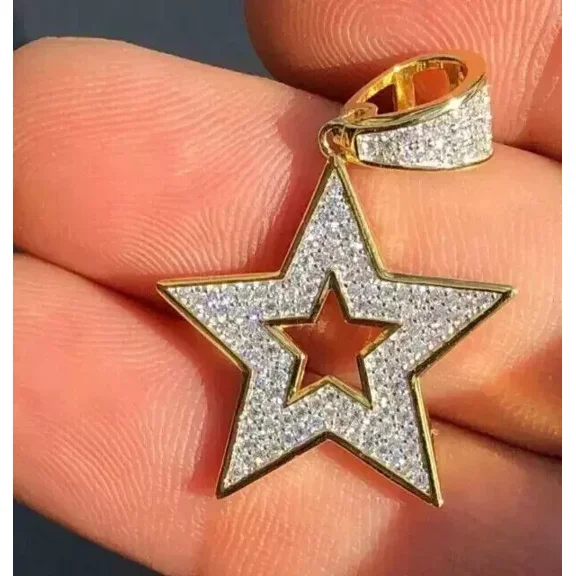 Pendant Charm Star 2.10 Ct Round Cut White Moissanite Men's 14K Yellow Gold Plated