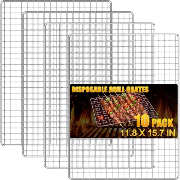 10 Pack Disposable Grill Topper,11.8X15.8 Inch Disposable Grill Grates,Stainless Steel Roasting Racks,Barbecue Mesh Mat,Heavy-Duty Baking Rack for Picnics Camping Cooking Outdoor BBQ (10 Pcs)