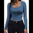thumbnail image 1 of Camisas de Larga con Cuello Redondo para Mujer, Blusas Informales de Punto Acanalado de Corte Ajustado, Camisetas Básicas de Trabajo para Verano y Otoño. Azul S, 1 of 9