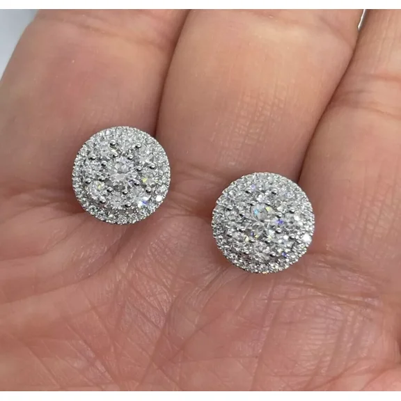 2Ct Round Cut Lab Created Diamond Halo Cluster Stud Earrings 14K White Gold Plated