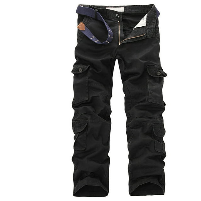 RXIRUCGD Men's Solid Color Multi-pocket Washed Cargo Pants Outdoor Casual Pants, Black, Size: L