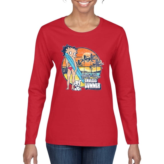 Wild Bobby, Betty Boop Endless Summer Beach the Dog Betty Boop Womens Long Sleeve T-Shirt, Red, Small