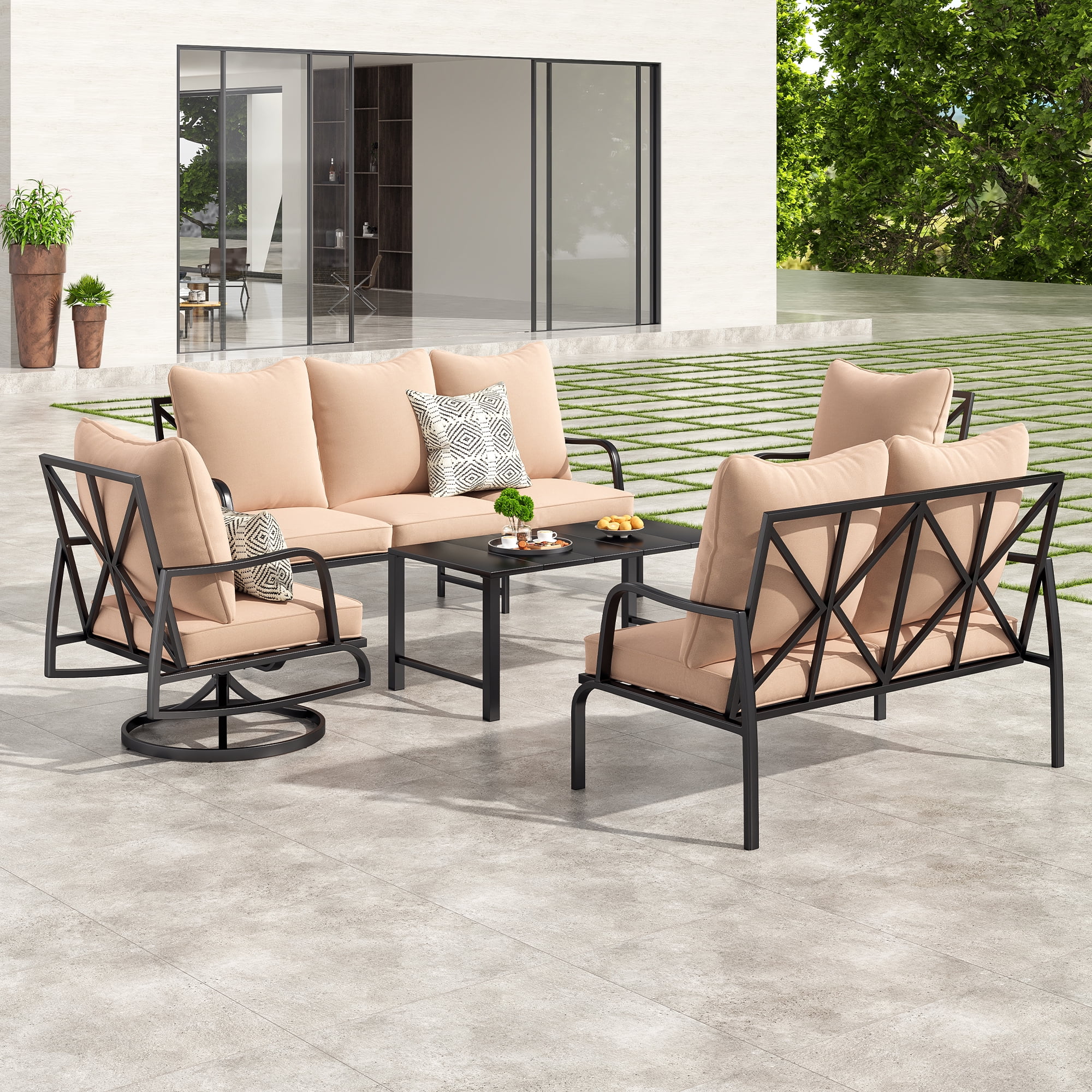 MAYEERTY 5-Piece Metal Frame Outdoor Patio Set with Swivel Chairs, 3-Seater Sofa, Loveseat and Coffee Table