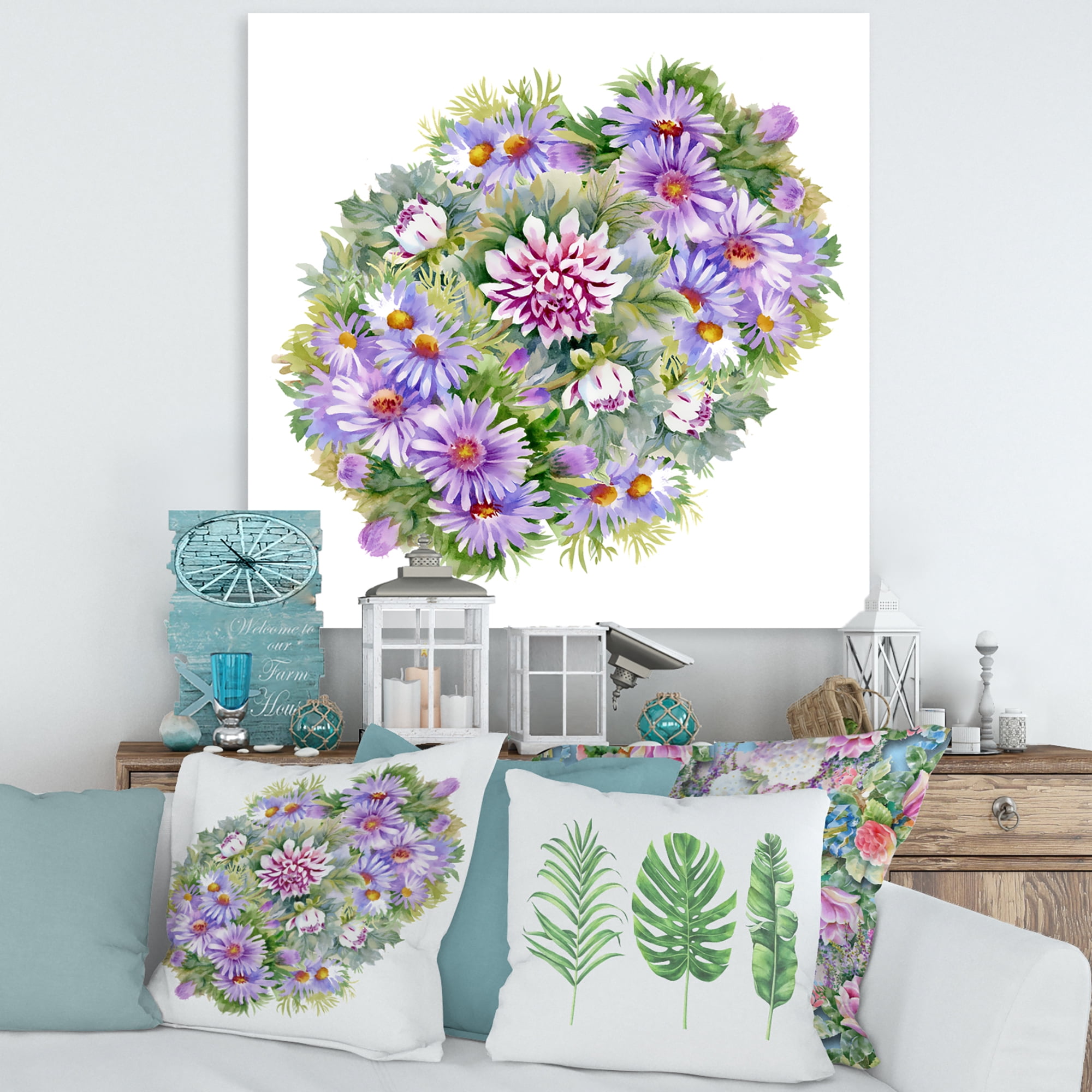 Bouquet With Daisies and Purple Chrysanthemums 30 in x 30 in Painting Canvas Art Print, by Designart