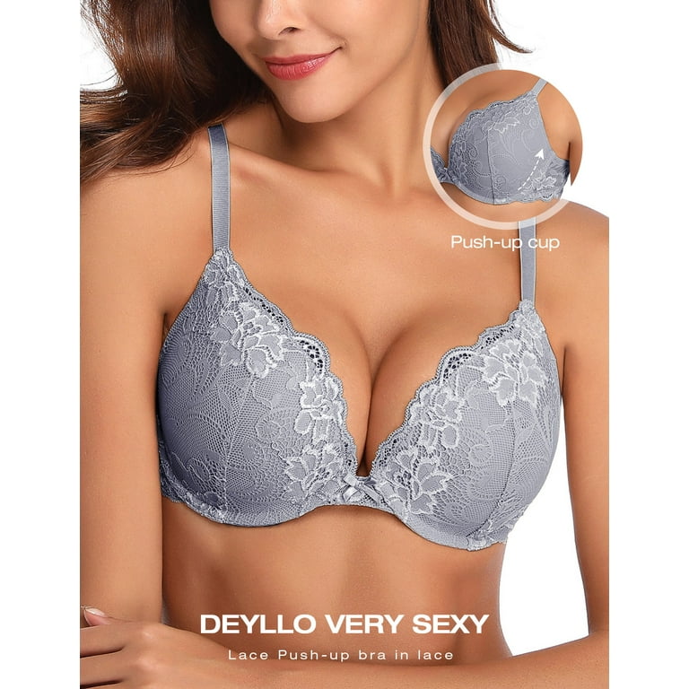 Deyllo Women's Sexy Lace Push Up Padded Plunge Add Cups Underwire Lift Up  Bra, Unique Gray 38DD