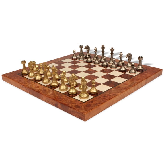 Small Staunton Metal Chess Set with Elm Burl Chess Board