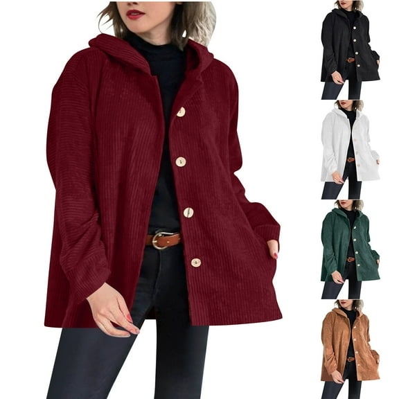 Olyvenn Women's Corduroy Jackets Casual Long Sleeve Button Down Hooded Jackets Loose Lightweight Shacket Coats with Pockets Green XXL