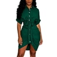 thumbnail image 2 of Dolkfu Mini Going Out Dresses Irregular High Low Hem Collared Green Short Sleeve Shirt Dress Solid Slim Modern Refined Dresses Green,Xl, 2 of 6
