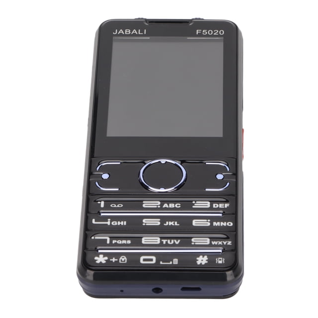 teléfono celular con botones grandes, tiempo de espera más largo gran volumen 100-240v resolución 240x320 teléfonos celulares desbloqueados para personas mayores pantalla de — Vista frontal centrada del Anggrek F5020 con pantalla de 2.8" (240x320), teclado numérico de botones grandes y tecla circular de navegación; carcasa ABS negra, puerto de auriculares en la base y botón lateral naranja. Especificaciones clave visibles: cámara 30W, ranuras para 3 SIM y microSD, Bluetooth 2.0 y batería de 2500 mAh; también suele usarse como teléfono secundario compacto para viajes.