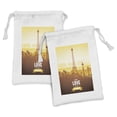 thumbnail image 1 of Paris Fabric Pouch Set of 2, Eiffel Tower with Tulip and City Silhouette Nostalgic Town Floral Romantic, Drawstring Bag for Toiletries Masks and Favors, 9" x 6", Orange Yellow Brown, by Ambesonne, 1 of 2
