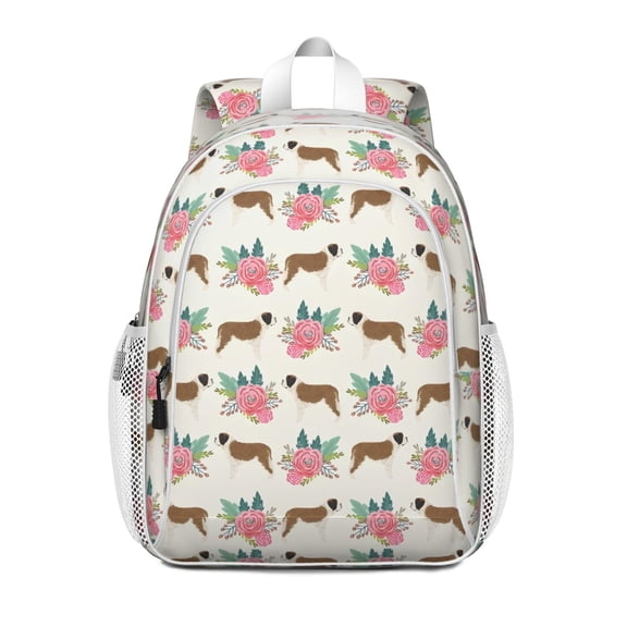Saint Bernard Dog Breed and Flower Floral Backpack for School,Cute School Bag,Schoolbag with Adjustable Shoulder Straps & Padded Back,15"x11.42"x5.5"