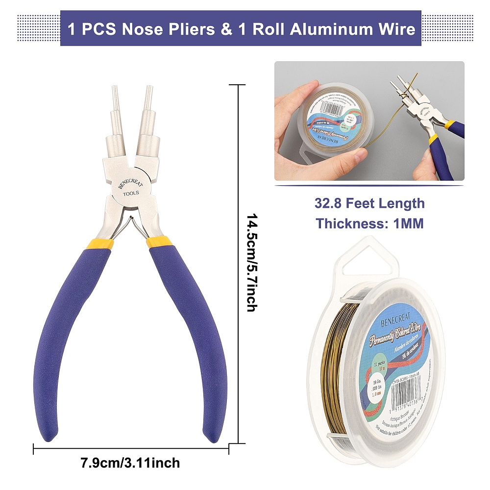 DIY Wire Wrapped Jewelry Making Kits Including Copper Wire and Carbon Steel Round Nose Pliers Bronze 18 Gauge 1mm about 10m/roll 1roll/set