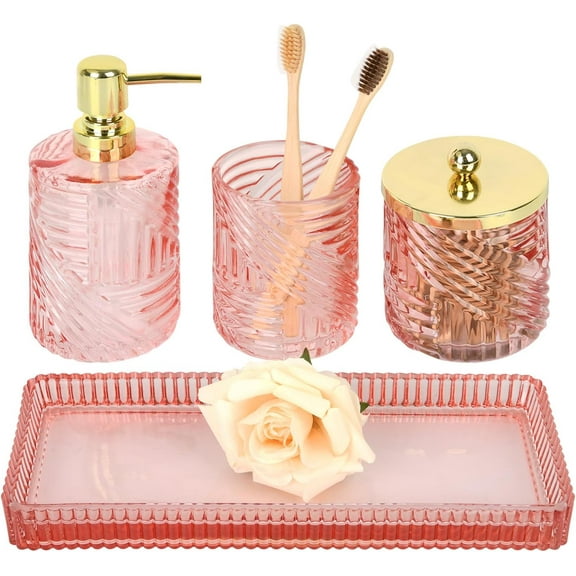 Bathroom Accessories Set,4 Pcs Pink Glass Bathroom Accessories Sets Complete with Lotion Soap Dispenser,Toothbrush Holder,Qtip Holder Dispenser and Vanity Tray,Bathroom Countertop Vanity Organizer