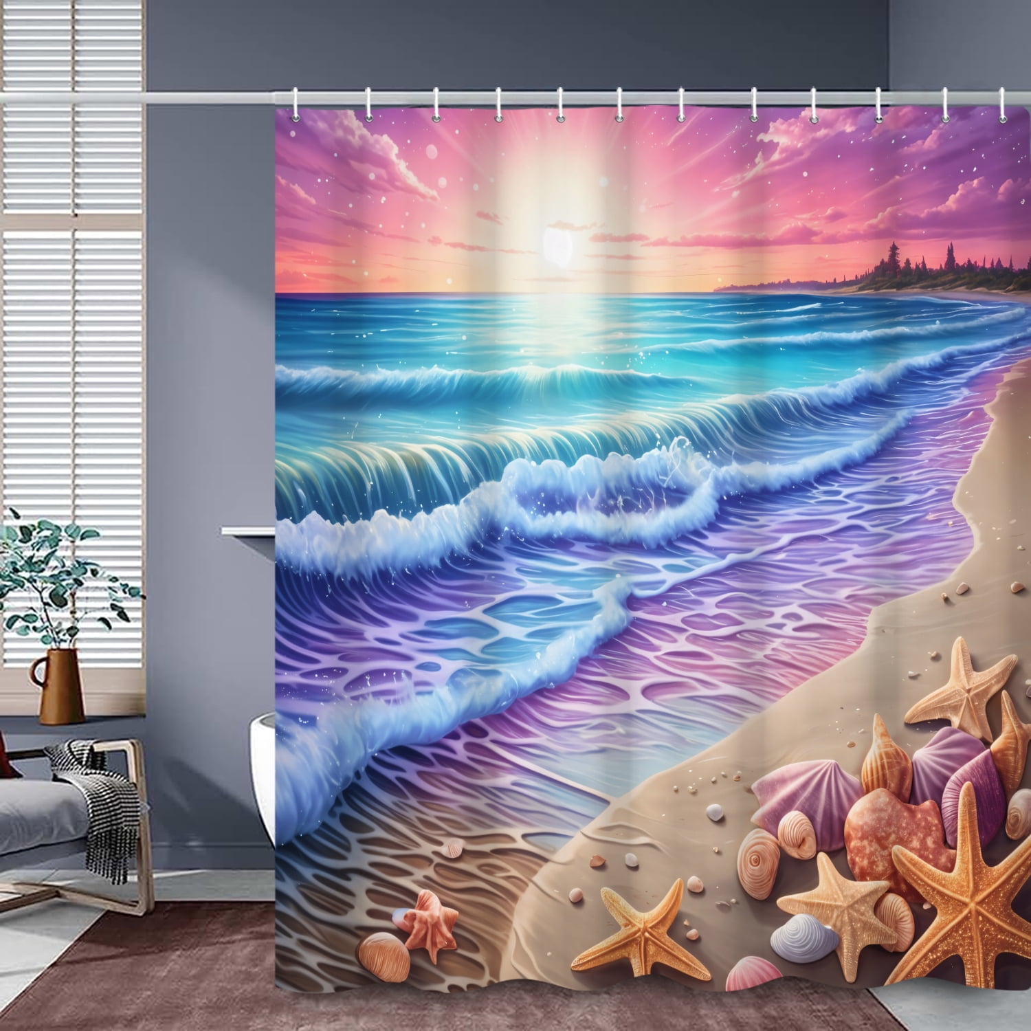SUNOLIFE Ocean Beach Shower Curtain,Sunset Shell Fabric Bathroom Curtain with Hooks,72x72 in