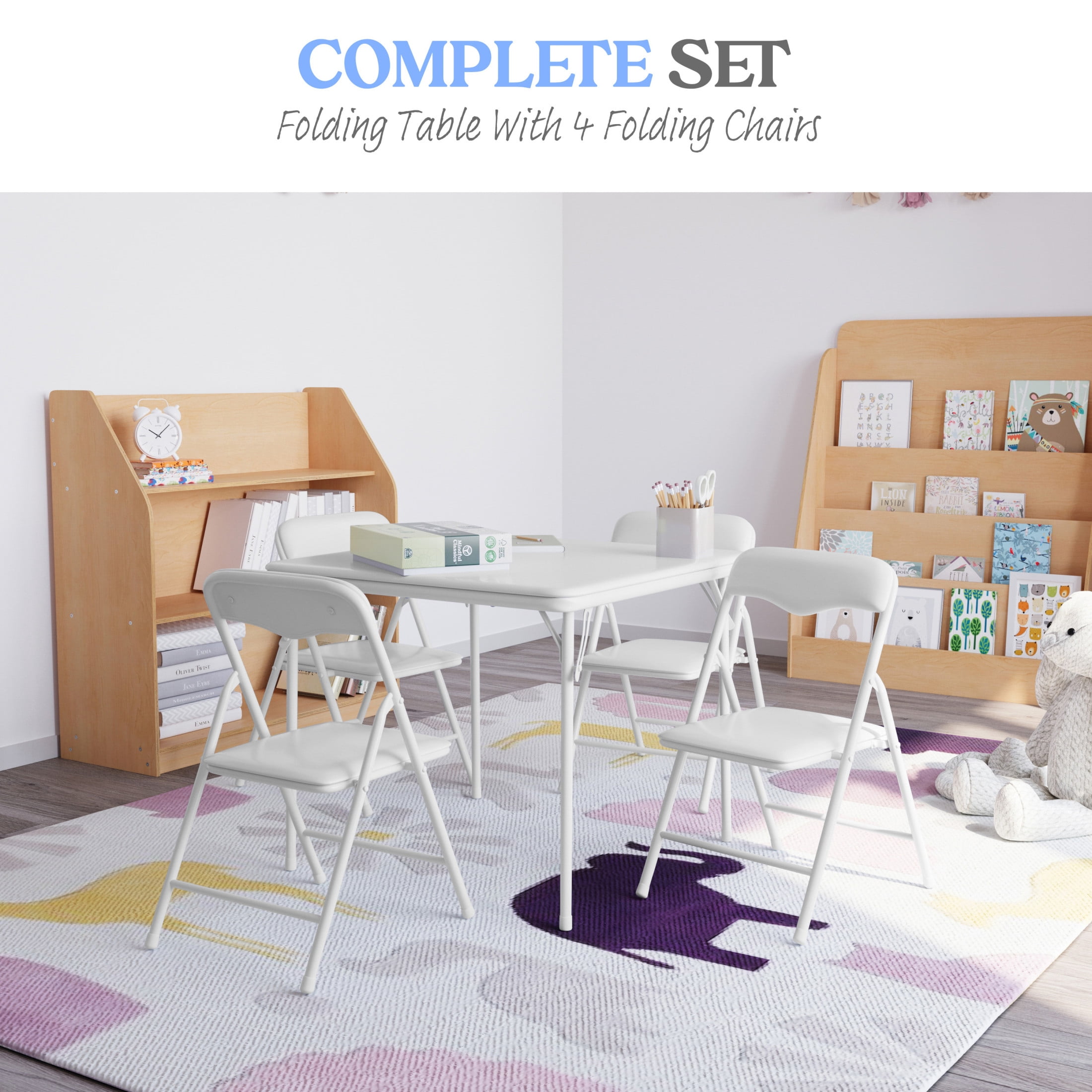 Emma + Oliver 5 Piece Kids Folding Table and Chair Set with White Vinyl Tabletop, Backrest and Seat