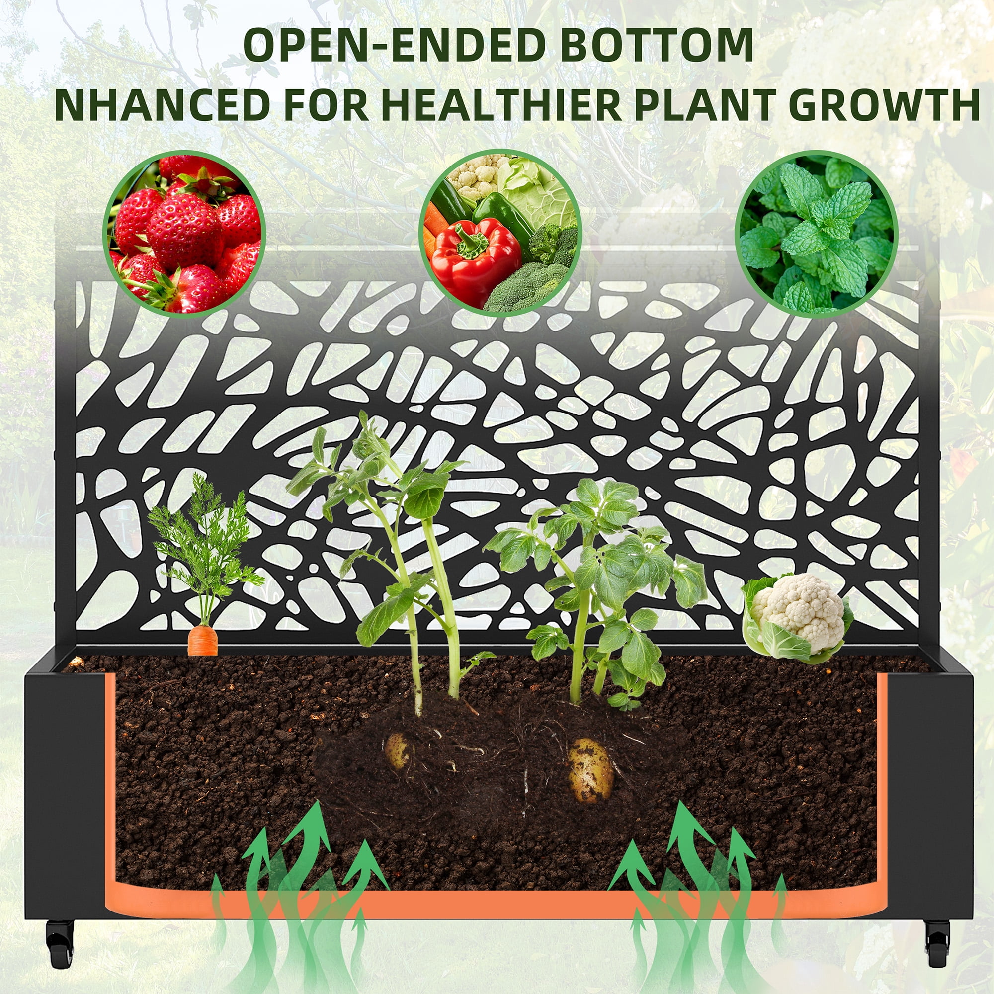 MAYEERTY 2-Set 47*16" Outdoor Black Metal Planter Box with Trellis for Climbing Plants,Vine & Parallel Pattern
