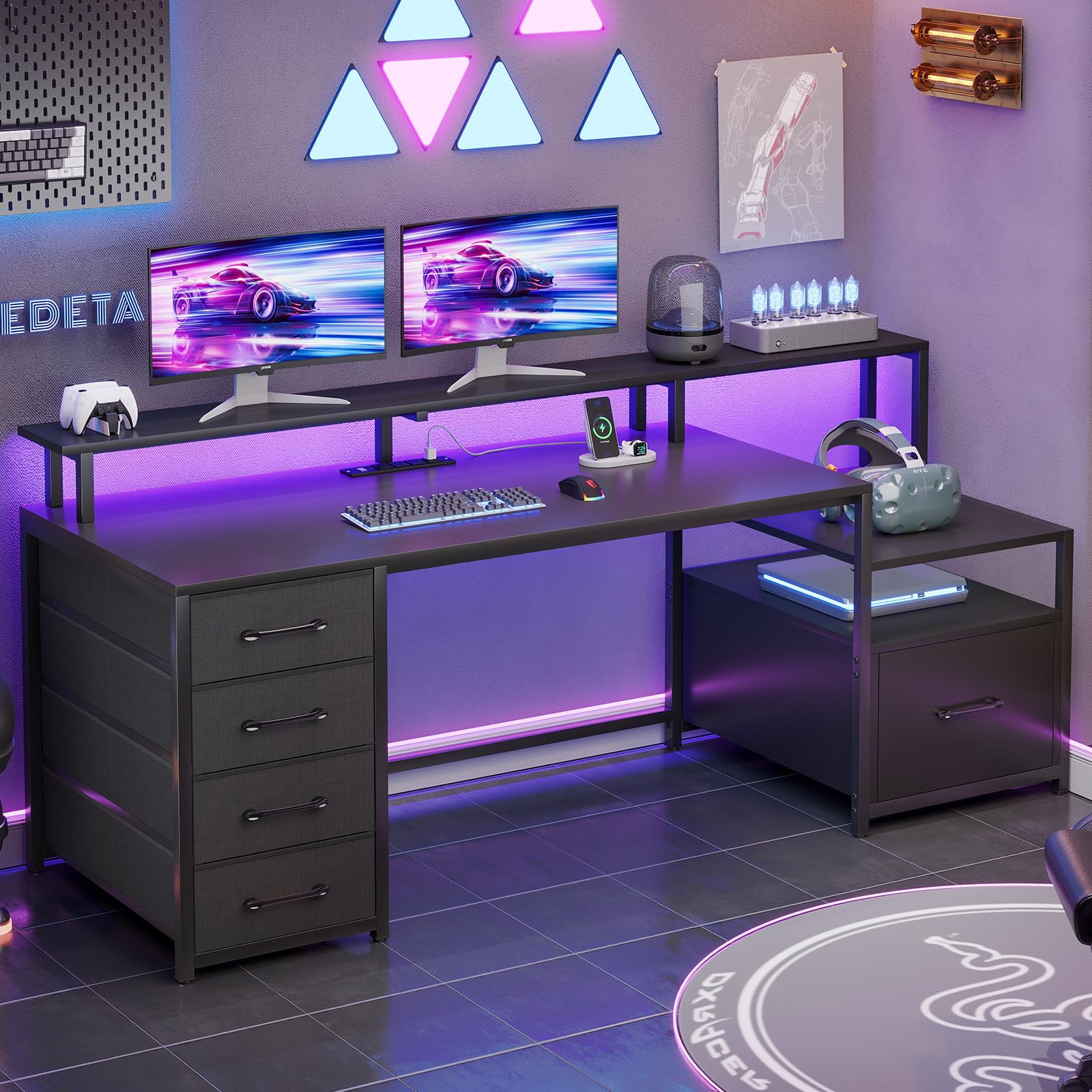 SEDETA Gaming Desk with 5 Drawer, Power Outlet & Led Lights, 66" Home Office Desk with File Drawer, Storage, Monitor Shelf, Computer Desk, Black