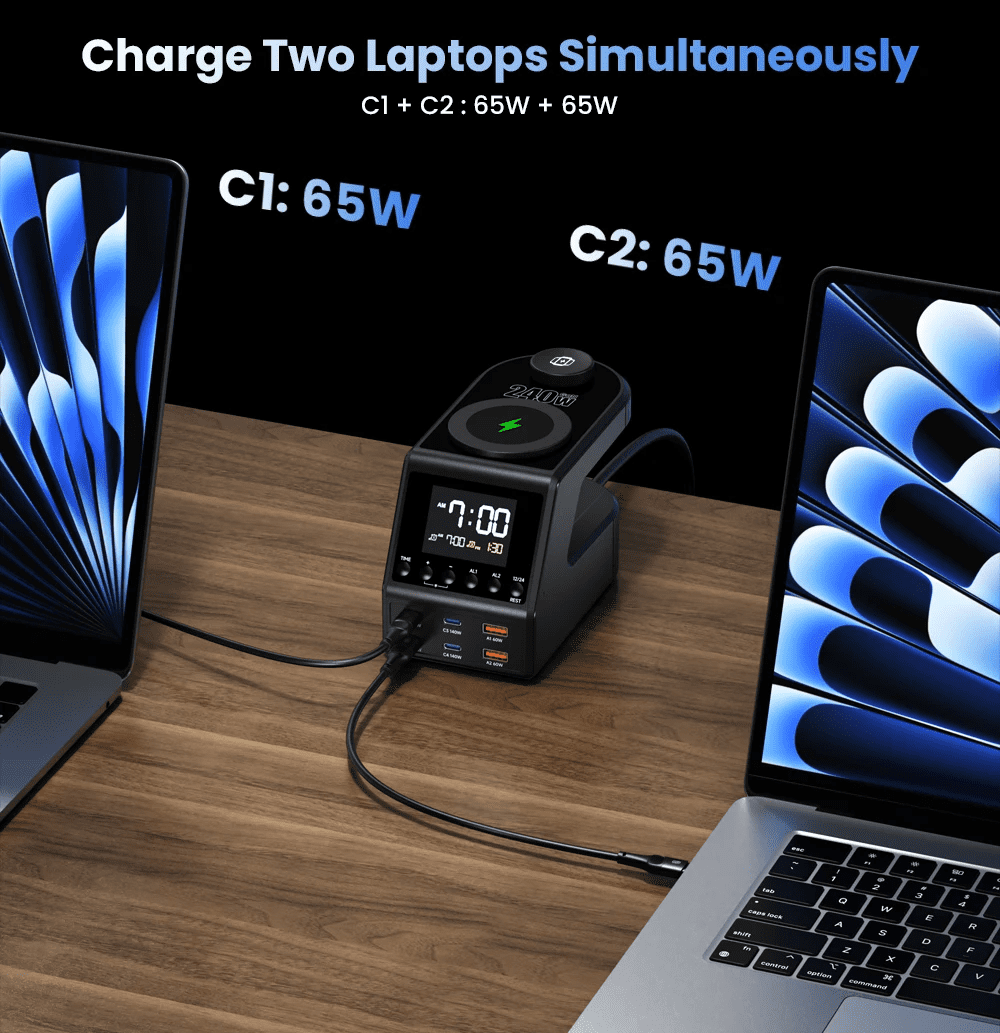 240W GaN Charging Station for Multiple Devices,8-Port Wireless Charger USB C Fast for MacBook/iPhone/Android Phones/iPad/Tablets, with Alarm Time Display