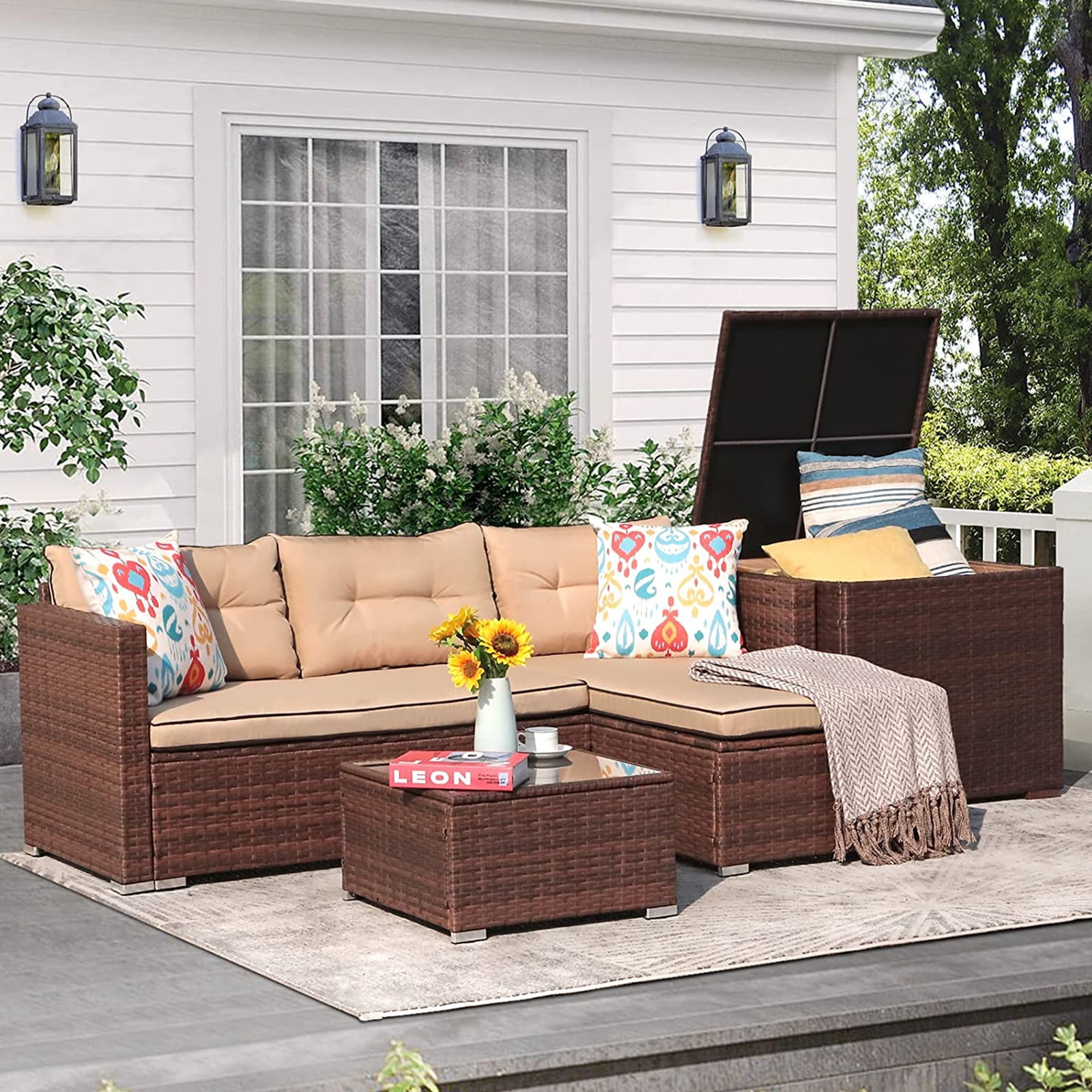 Patio Furniture Set, Outdoor Small Sectional Sofa Set with Storage Box