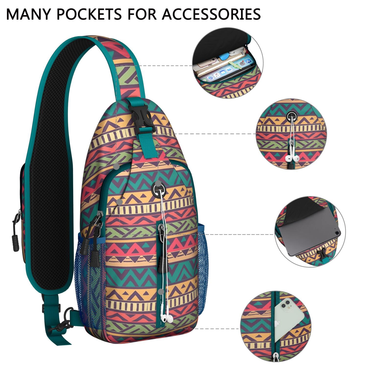 Floral Sling Backpack Retro Ethnic Crossbody Daypack Lightweight with Adjustable Strap