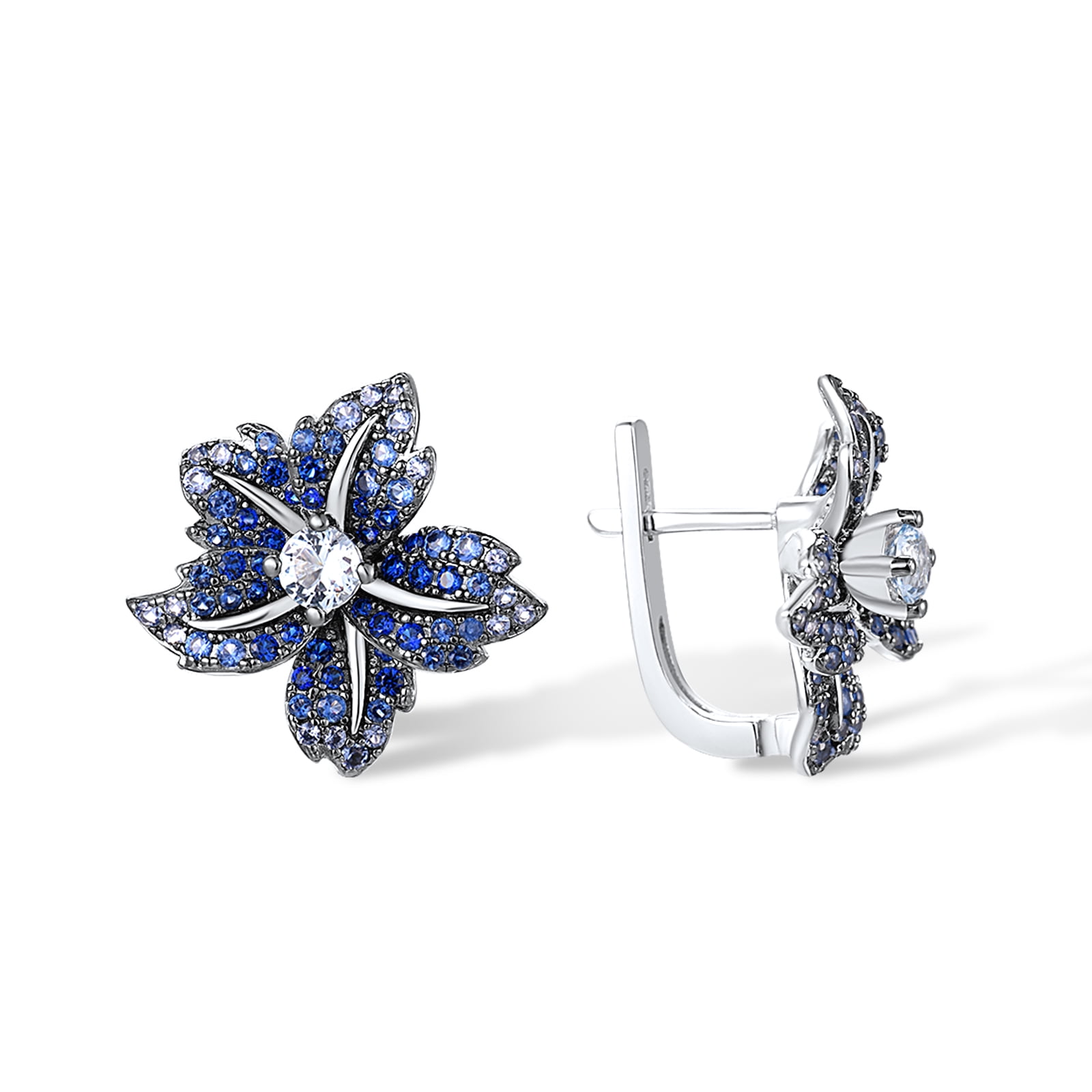 Santuzza 925 Sterling Silver Lily Earrings Blue Spinel Nano Cubic Zirconia Gemstone Flower Dangle Earrings for Women