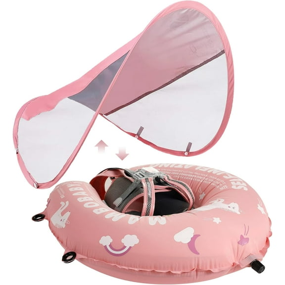 HECCEI Mambobaby Pool Float with Canopy Self-inflatable Swim Floats for Boys and Girls 3-24 Months, Pink