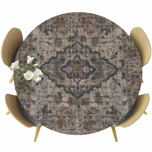 Boho Vintage Table Cloth, Round Fitted Tablecloths with Elastic Edge, Modern Geometric Abstract Art Retro Flowers Wipeable Waterproof Table Cover for Kitchen Wedding 36-44 Inches