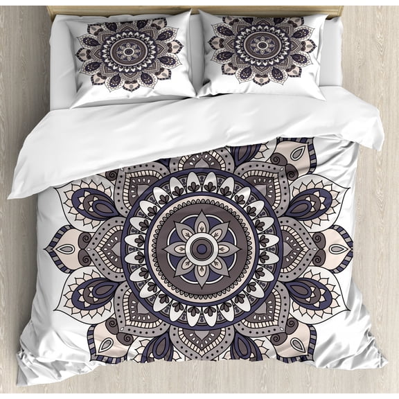 Ethnic Duvet Cover Set Queen Size, Oriental Mandala Flower Vintage Boho Abstract Round Yoga Motif, Decorative 3 Piece Bedding Set with 2 Pillow Shams, Purple Grey Taupe and Eggshell, by Ambesonne