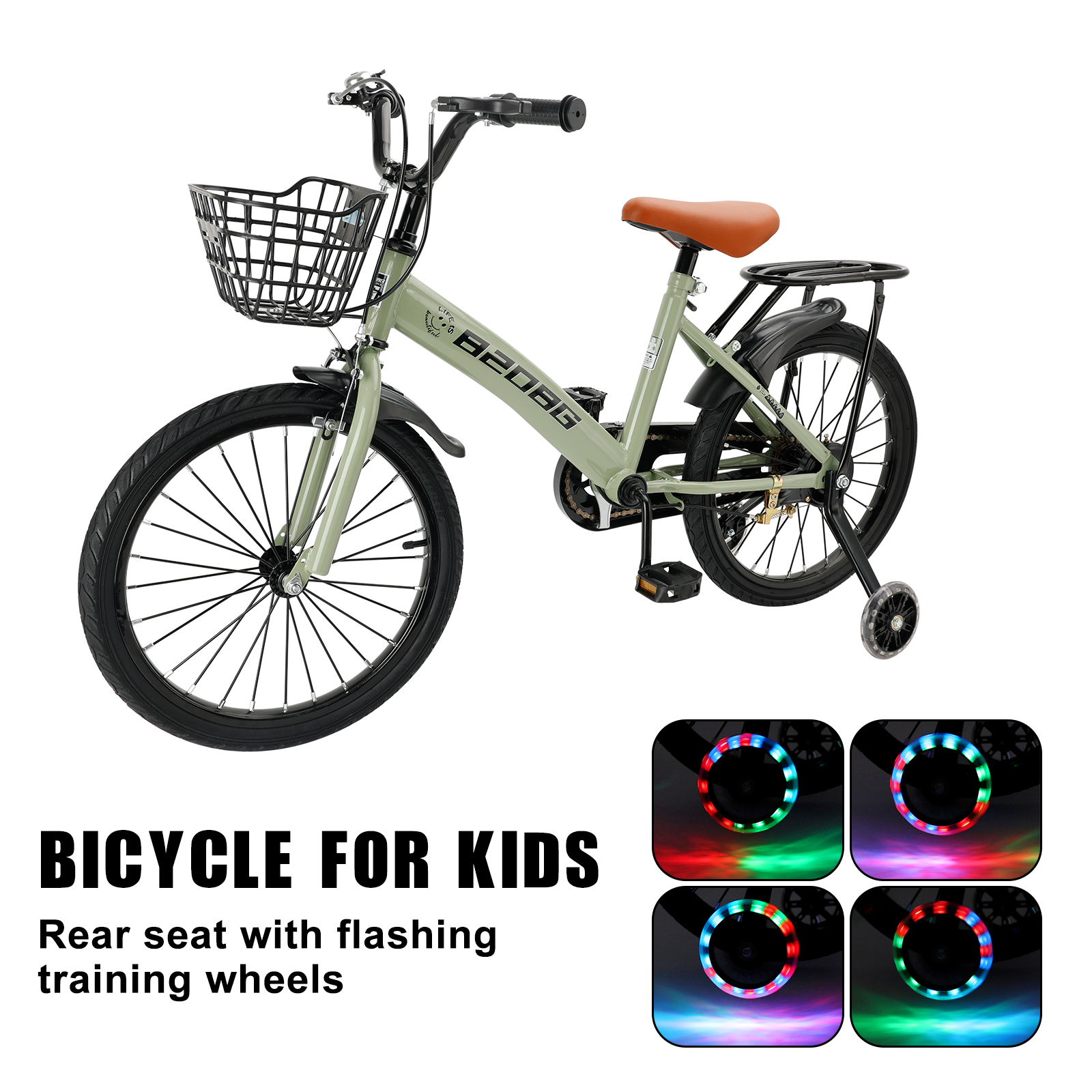 ARTUDATECH Kids Bike, 18 Inch Children Bikes for Boys Girls Age 6-10 Years old with Lighting Training Wheels, Basket, Dual Brake, Kids Bicycle Green