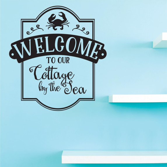 Custom Decals Welcome To Our Cottage By The Sea Wall Art Size: 20 Inches x 40 Inches Color: Black