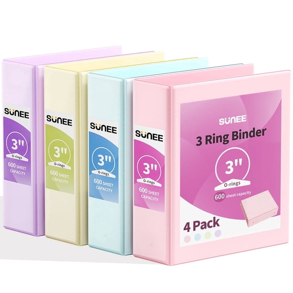 SUNEE 3 Ring Binder 3 Inch 4 Pack, 3" Large Clear View Binders Three Ring PVC-Free (Fit 8.5x11 Inches) for School or Office Supplies, Assorted Pastel