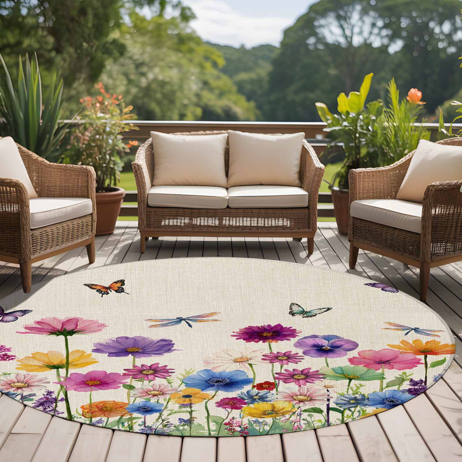 Round Rug 5Ft Washable Non-Slip, Vintage Flowers Circle Area Rugs for Living Room Bedroom, Watercolor Butterfly Dragonfly Daisy Beige Indoor Floor Mats Carpet Runner for Home Decor Aesthetic