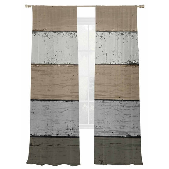 Brown Wood Grain Sheer Curtains 84 Inch Length 2 Panels Set, Semi Transparent Voile Rod Pocket Curtains for Living Dining Room Bedroom Drapes Vintage Grey Stripe Gradient Grain