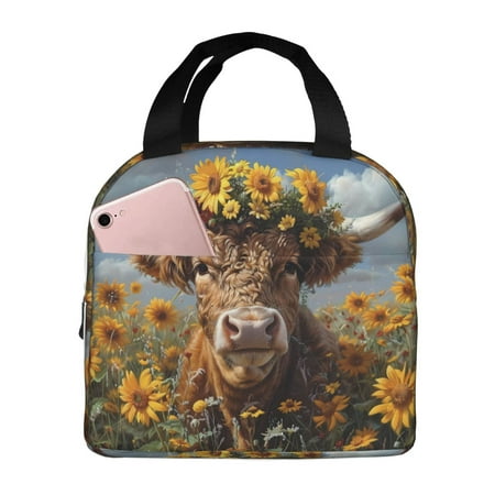 Insulated Lunch Bag for Women Men - Cute Cow Sunflower Crown A Leakproof Cooler Lunch Box for Women Men  Lunch Tote Bags for Work School Picnic Travel