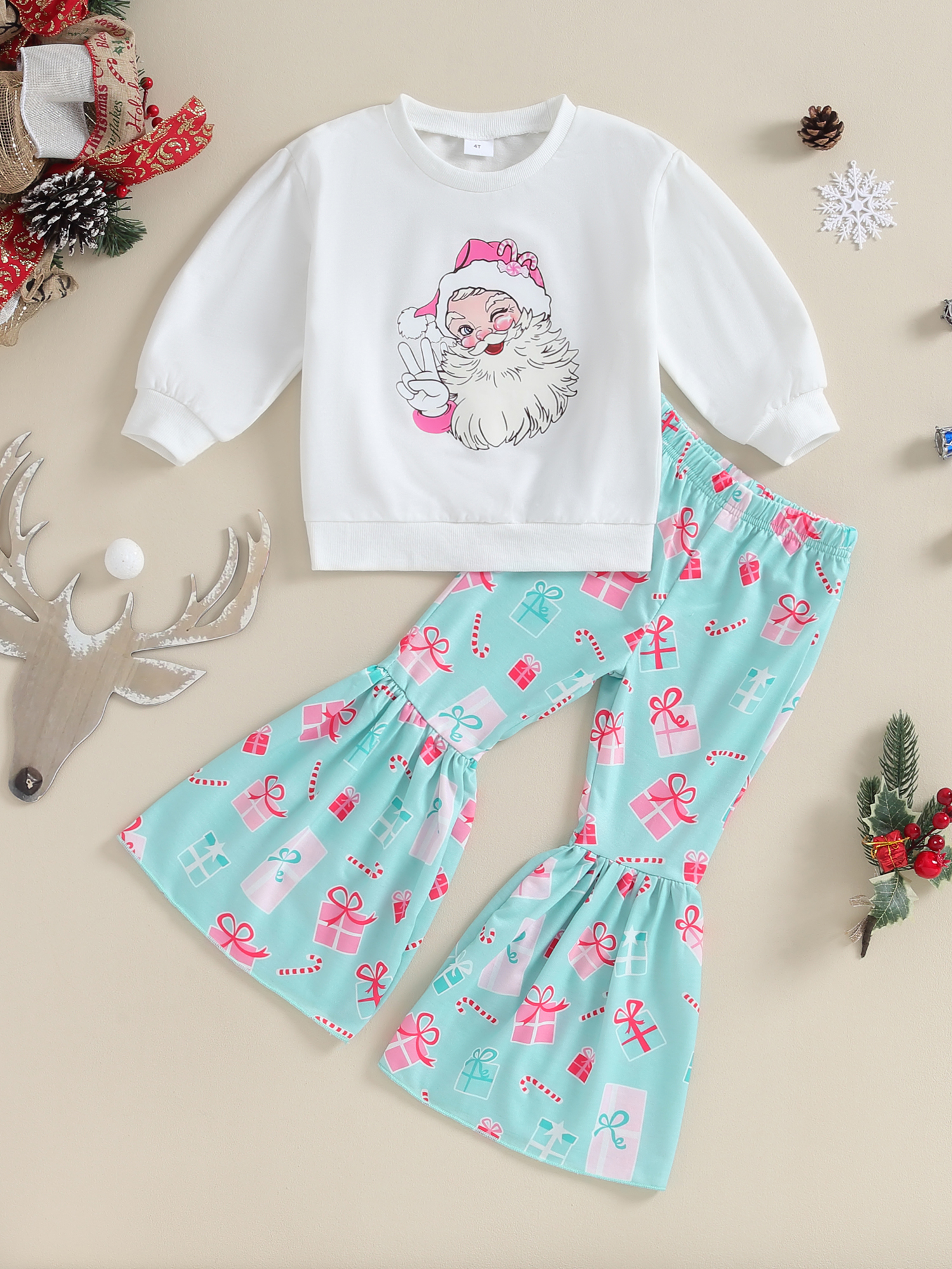 Suealasg 2PCS Kids Girl Christmas Outfits Clothes 4T 5T 6T 7T Child Long Sleeve Santa Claus Print Sweatshirt+Gift Box Print Pants Sets Little Girls Christmas-themed Clothing