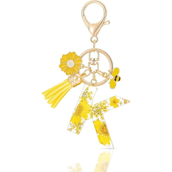 JUMRHFAN Letter K Keychain Resin Alphabet Keyrings,Yellow Petals Gold Foil Key Ring Key Chain Charm