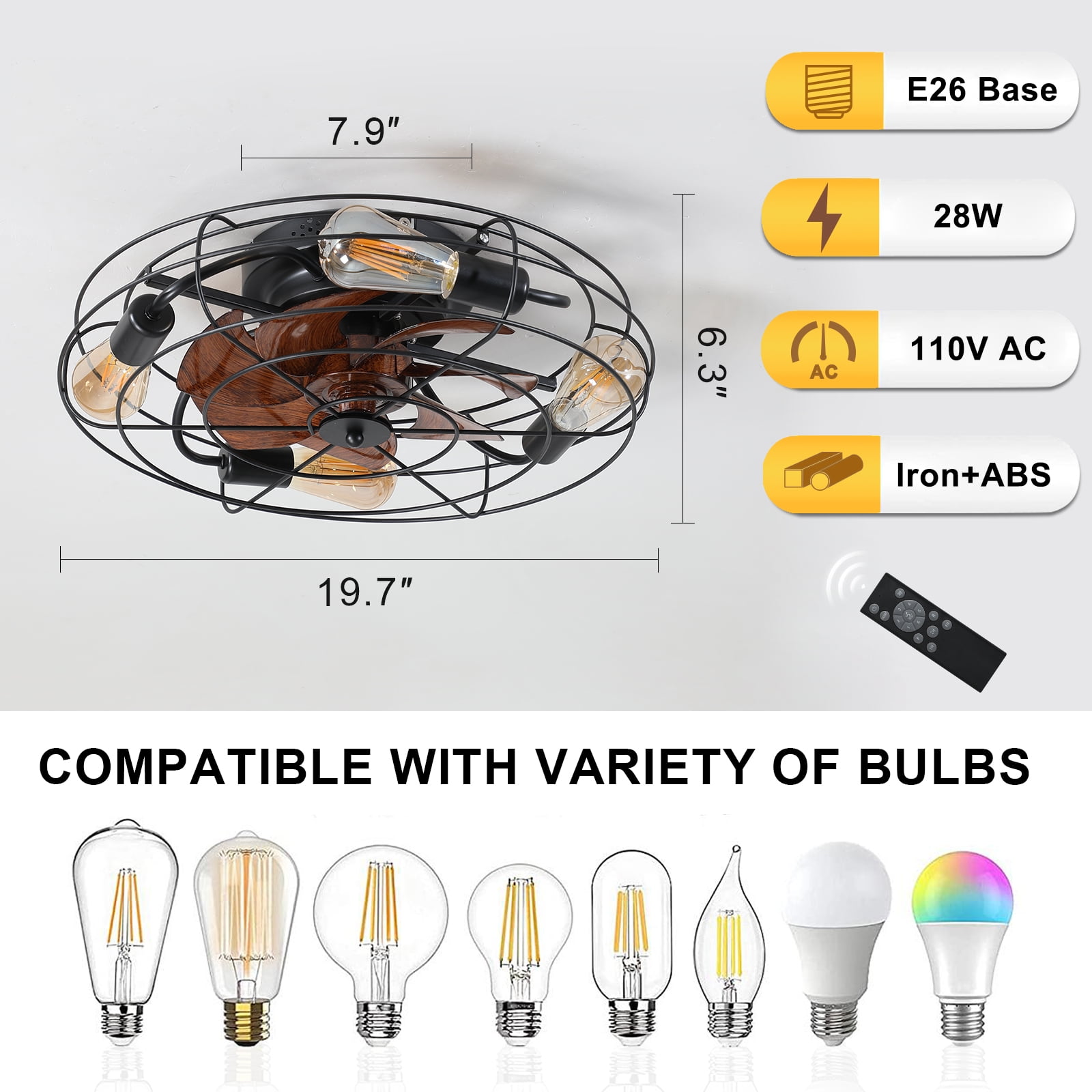 Aukfa 20" Caged Ceiling Fan with Lights and Remote, 6-Speeds Bladeless Enclosed Fan for Bedroom, Kitchen, Farmhouse