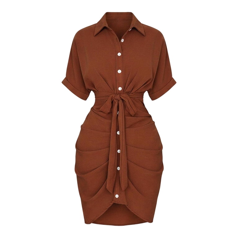 brown ruched shirt dress PrettyLittleThing Women's Check Button Down Ruched Long Sleeve Shirt Dress in Brown