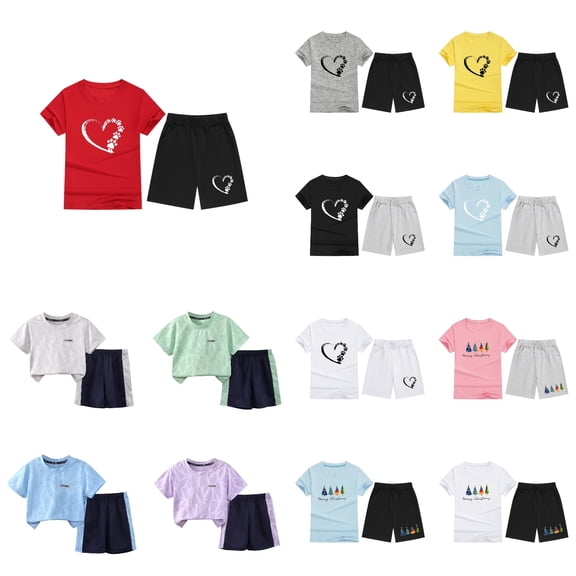 Antinious Fall Toddler Summer Solid Short Sleeve Crew Neck Top Elastic Waist Shorts Dry Running Sports Set,Outfits for Kids,Boys Girls Sleepwear Set,Purple,110