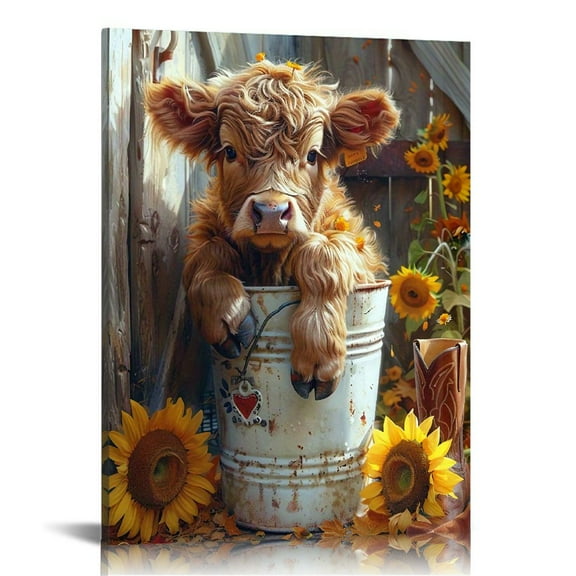 Charming Highland Cow & Sunflower Canvas Wall Art Print - Framed Wall Decor Print for Living Room, Bedroom, Office - Serene Homecoming Scene, Inspirational Wall Decor, Perfect for Room Decor