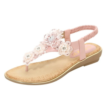 

iOPQO Women s slipper Summer Women Ladies Flower Crystal Pearl Flip Flops Sandals Beach Casual Shoes Ladies foreign trade summer Pink 40
